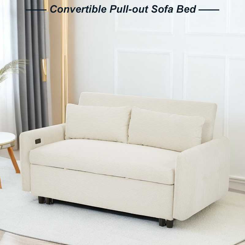 Isel 57'' Sofa Bed Sleeper Loveseat with USB Port and Two Pillows, Beige Corduroy