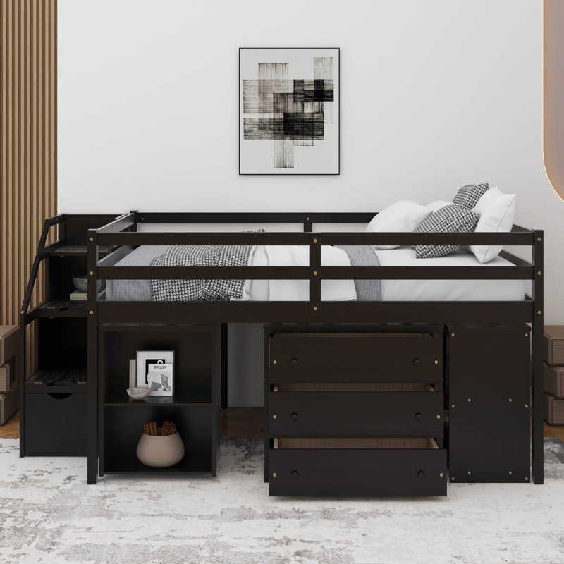 Lit mezzanine double avec bureau d'écriture rétractable et 3 tiroirs, Espresso
