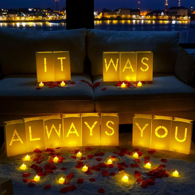 It was Always You Light Up Letters with Flameless Candles and Fake Rose Petals, Valentine's Day Luminary Bags Romantic Decorations Special Night for Proposal Wedding Anniversary