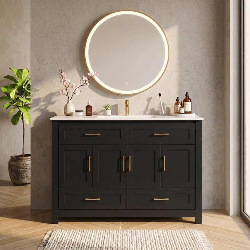 Meuble-lavabo sur pied 48 po avec lavabo, meuble-lavabo autoportant avec portes et tiroirs à fermeture en douceur, beaucoup de rangement