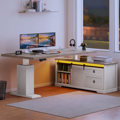  63'' Farmhouse L Shaped Electric Standing Desk With Power Outlets & LED Lights