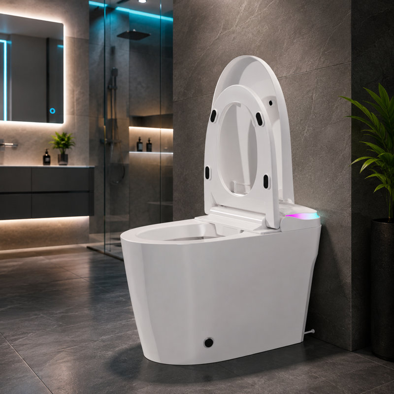Toilette intelligente une pièce avec couvercle automatique, siège chauffant, bidet et bouclier en mousse