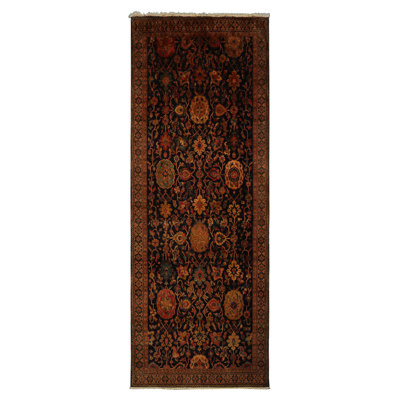 Tapis botanique traditionnel bleu foncé en laine noué à la main 6 x 15 pi 3 po Peshawar
