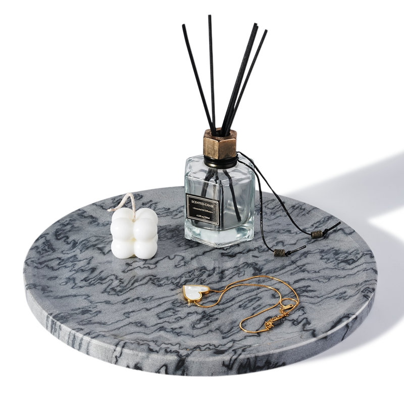 Guein 12” Round Natural Marble Tray, Monte Grigio