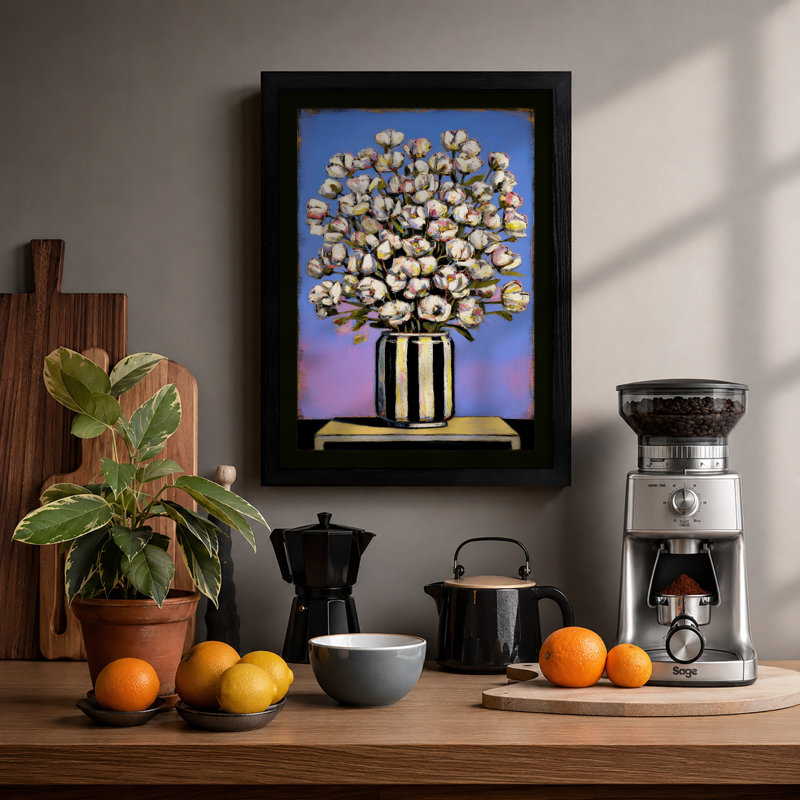 Blooms In Striped Vase Modern - Single Picture Frame Print, A4 - 29.7 x 21.0 cm, Black