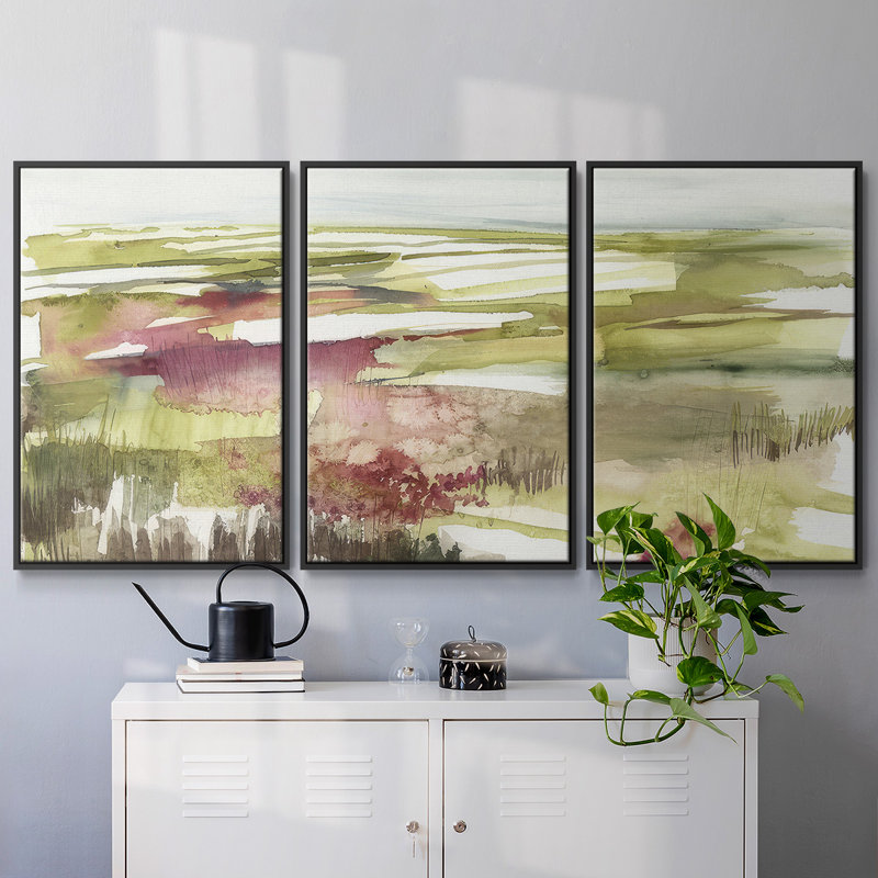 «Bourgogne Flower Horizon II», impression de cadre flottant 3 pièces, H 24 po x l 48 po x P 2 po, Noir