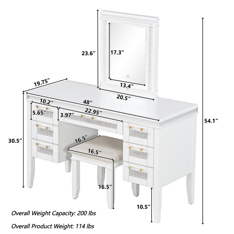 48" Makeup Vanity Set With Stool, LED Lighted Mirror, 7 Drawers Storage, Contemporary, Bedroom Dressing Area, Light Beige