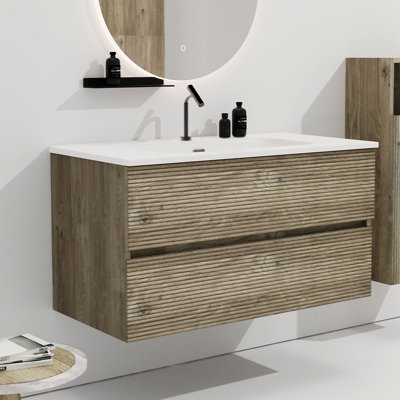 Bathroom Vanity Of Rough Oak, Integrated Sink, Soft - Close Drawers, Handle Design, E1 Grade Material 36" Oak Floating Vanity, Ceramic Basin, Minimalist 20% More Storage Space