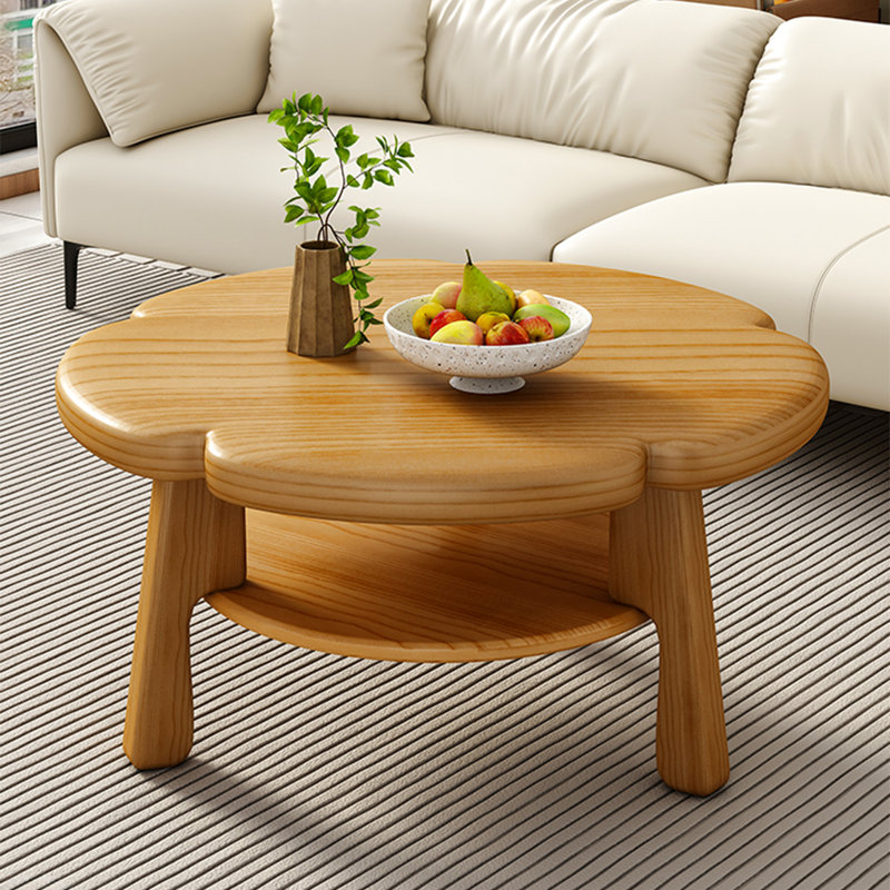 Creative round flowers solid wood coffee table, 17.7" H x 35.4" L x 35.4" W, Burly Wood