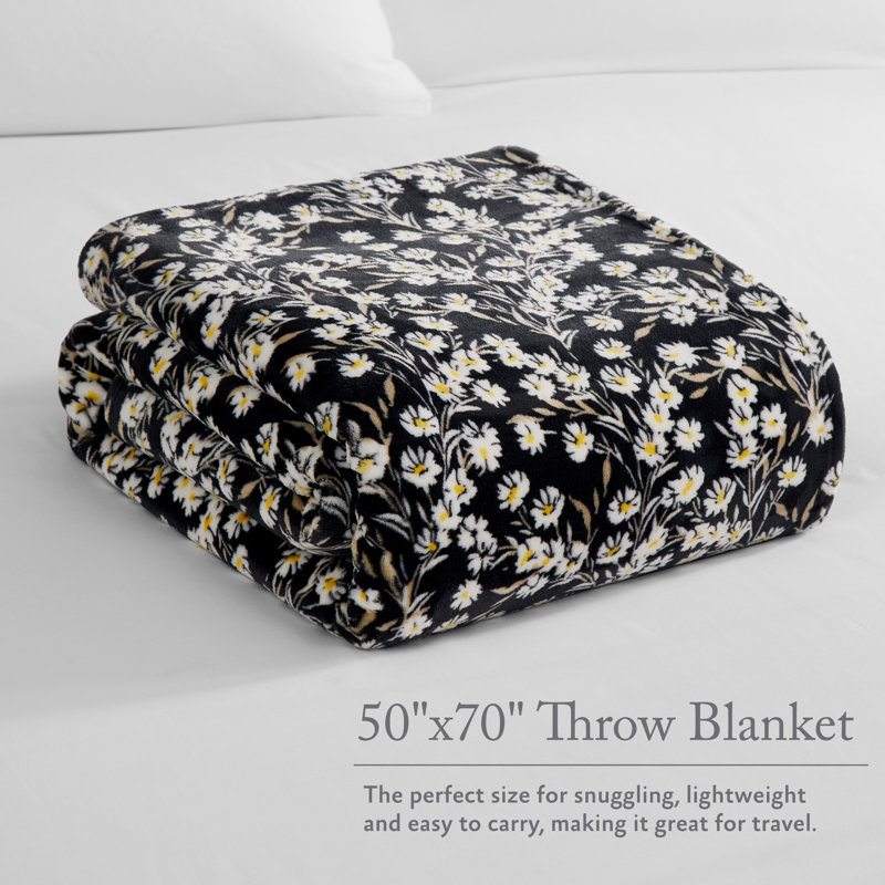 Black Floral Fleece Plush Throw Blanket 50" x 70"
