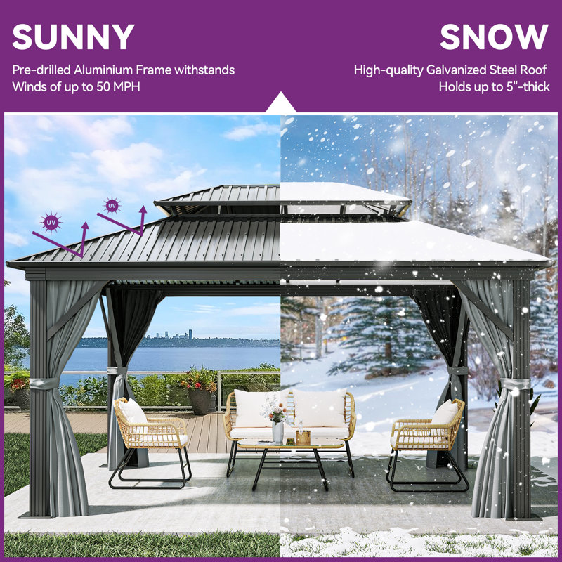 Pavillon de jardin d'extérieur en aluminium à toit rigide avec rideau et filet, 18 pi x 12 pi