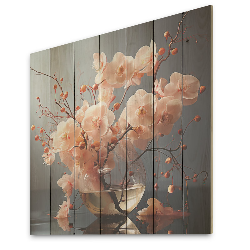 «Peach Orchids Graceful Blooms», art sur bois de pin naturel, H 15 po x l 15 po