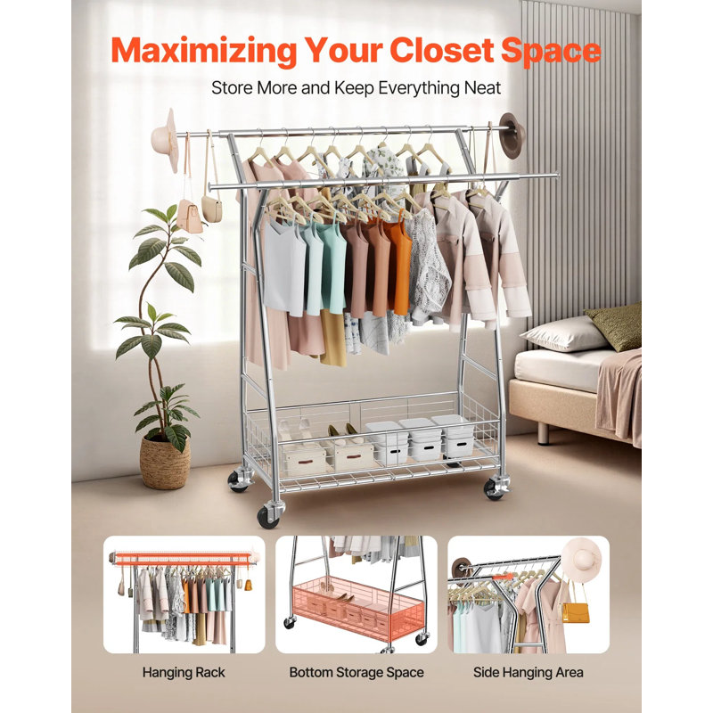 Portant à vêtements roulant avec 2 tiges de suspension et panier de rangement - capacité de 330 lb, support à vêtements extensible en acier au carbone, roues verrouillables pour la chambre à coucher, la buanderie et le salon