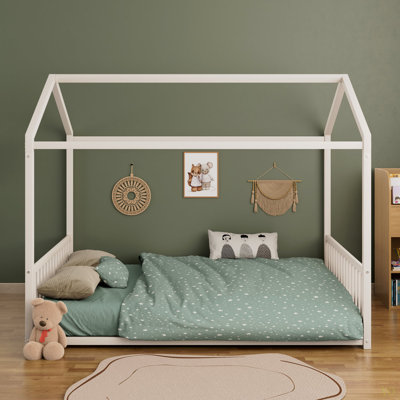 Full Size Montessori Style Metal Floor Bed Frame, House Shaped Bed With Vertical Safety Guardrails, Easy Assemble, No Slats