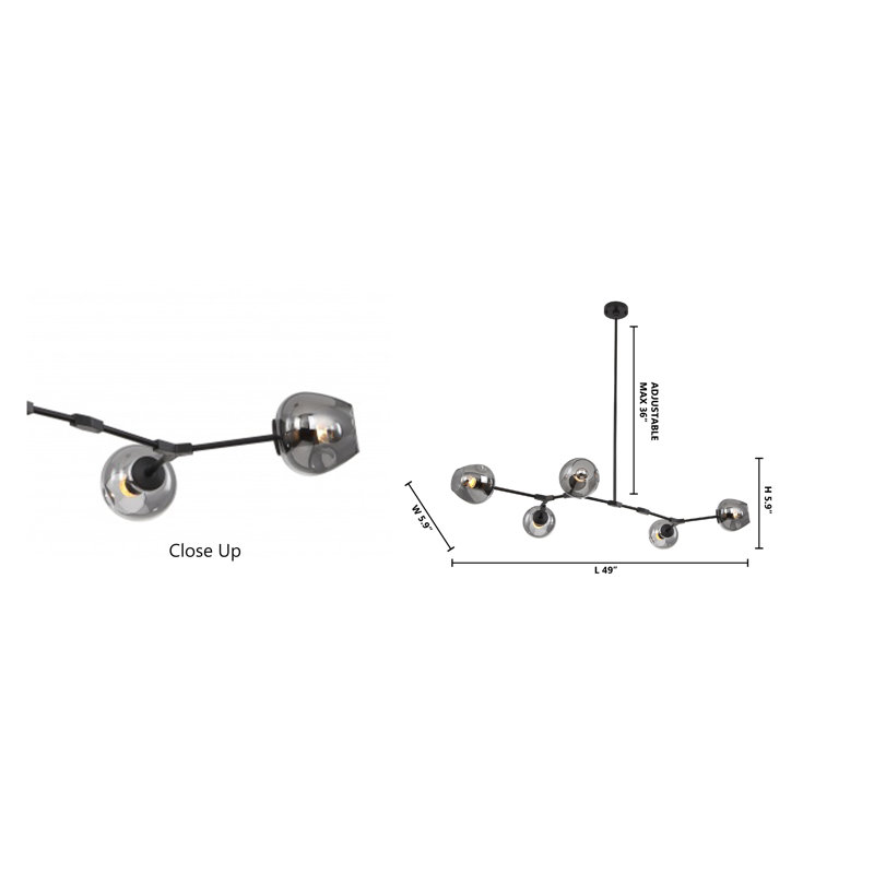 Kingstowne 5-Light Modern Linear Chandelier with Smoke Shade, Noir, Fumée