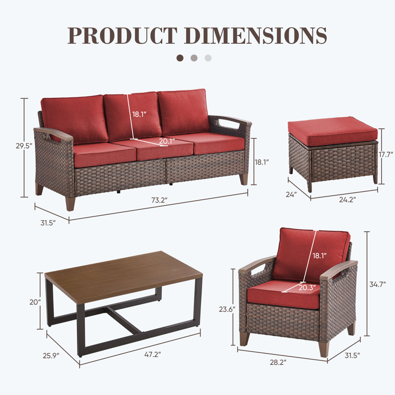 Ensemble de conversation pour terrasse 6 pièces avec table basse Arundel, Rouge