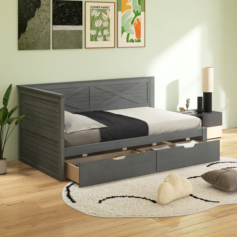 Lit de jour simple en bois avec 2 tiroirs et garde-corps rustique, Gris