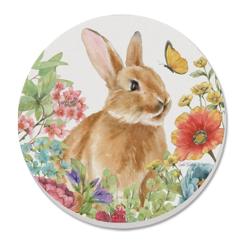 Ensemble de 4 sous-verres ronds en pierre East Urban Home Bunny Garden