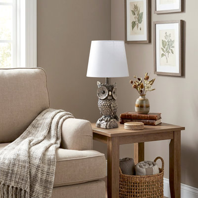 Lampe de table hibou Nocturn en polyrésine, marron, abat-jour blanc neige, 50,5 cm (19,85 po) de hauteur