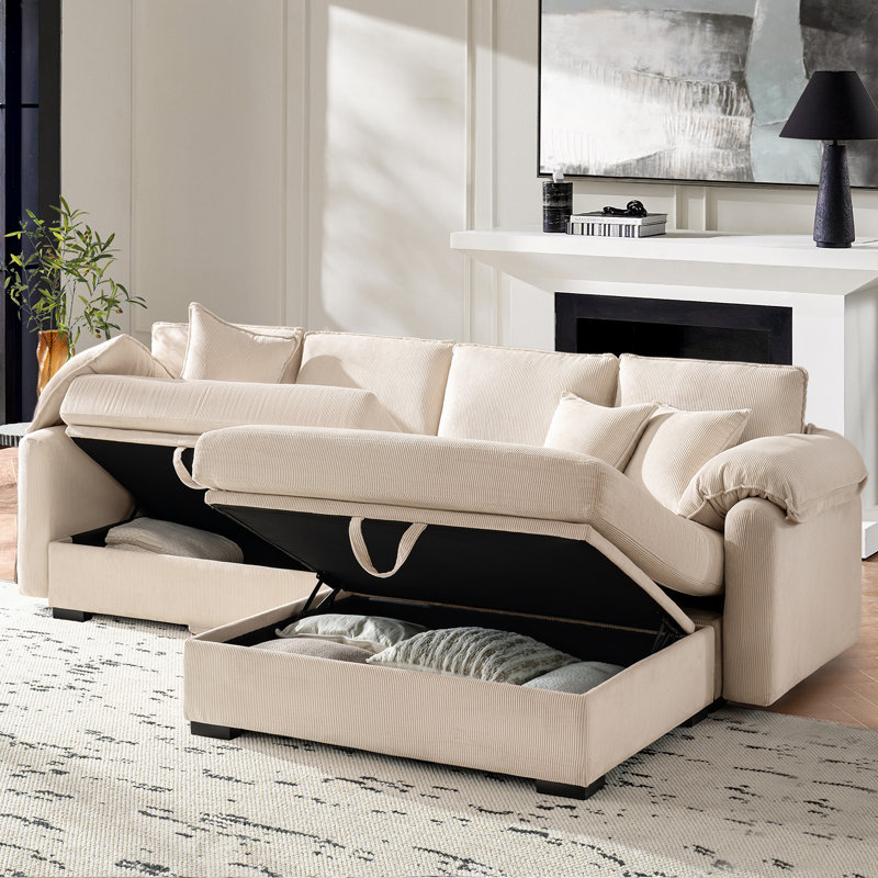 Brandee 104"W 2 - Piece Reversible Corduroy Sectional Sofa Chaise with Storage, Beige