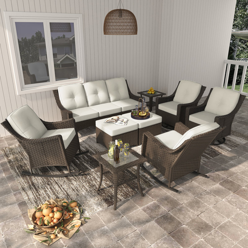 Ensemble de 9 meubles de patio pour l'extérieur - Canapé rembourré 3 places, 2 chaises berçantes, 2 chaises pivotantes, 2 repose-pieds et 2 tables d'appoint 