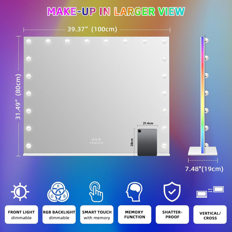 Metal Rectangle LED Mirror, 31.49" H x 39.37" W x 5.9" D