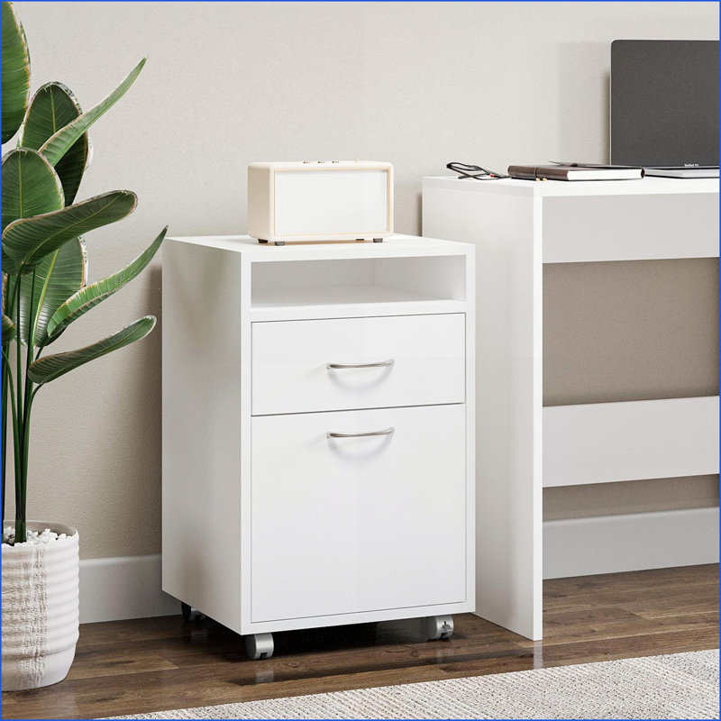 Cabinets Mobile Storage Printer Stand with Drawer &amp; Cabinet, Fits Under Desks, Off-White | Scandinavian | MDF