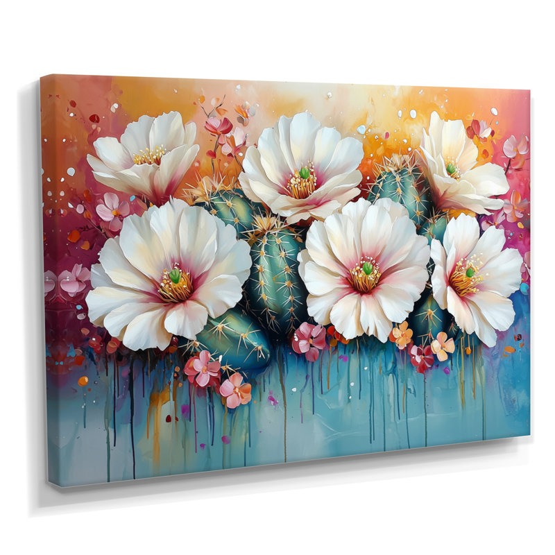 Cactus rose et blanc - Cactus, art mural, Toile tendue sur cadre, H 12 po x l 20 po, Ne s’applique pas