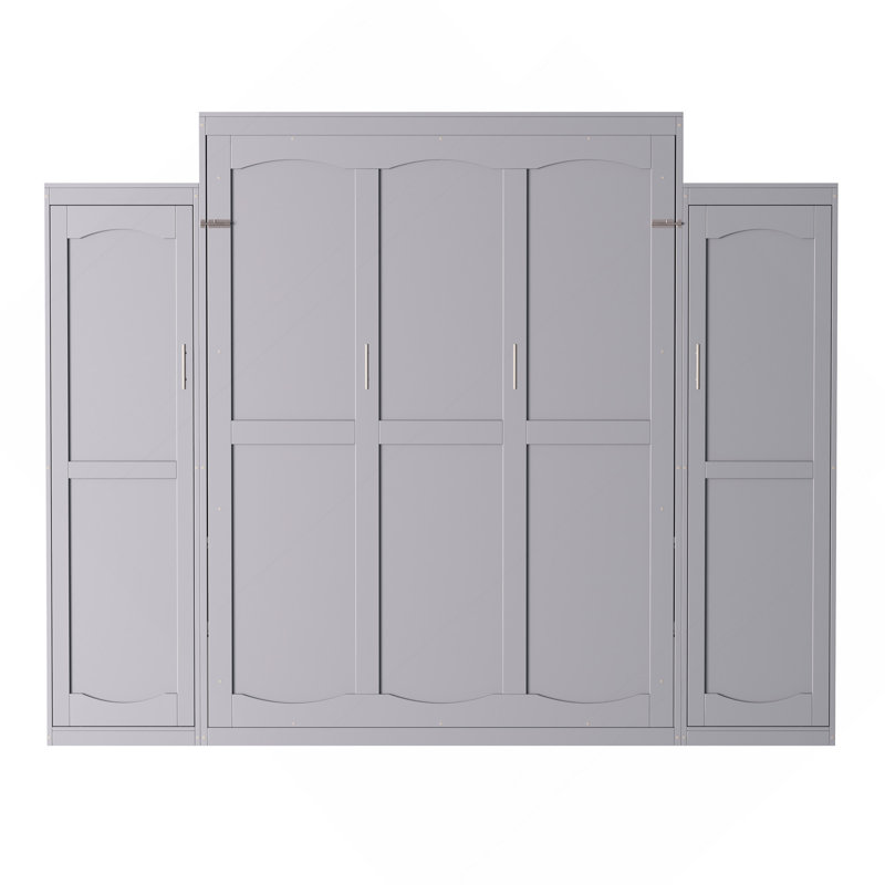Lit plateforme grand lit escamotable, grand lit escamotable avec 2 garde-robes et tablette de rangement, cadre de lit plateforme pliable multifonctionnel pour chambre d'amis, chambre à coucher, gris