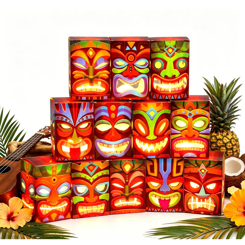 24 boîtes de décoration de totem Tiki illuminées, décorations de bar tiki tropical Aloha Hawaiian Luau, décorations de table lumineuses pour une fête intérieure ou extérieure sur le thème des survivants