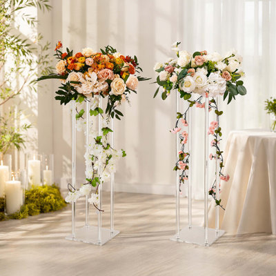 Présentoir floral transparent à colonne carrée en acrylique transparent, grand centre de table transparent à motif géométrique de mariage pour décor de réception et d'événement