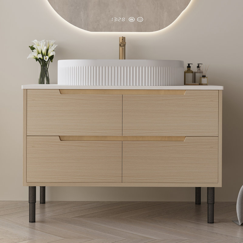 Meuble-lavabo de salle de bain, autoportant ou mural avec lavabo intégré en céramique et tiroirs à fermeture en douceur