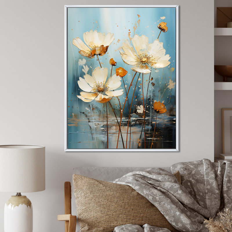 «Daisy Blossoming» en bleu sarcelle - impression, H 32 po x l 16 po x P 1 po, Cadre flottant blanc