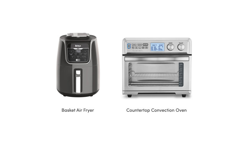 collage of the two types of air fryer: basket and countertop convection oven