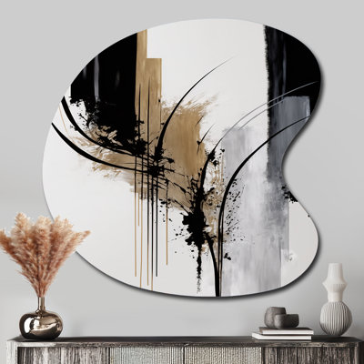 «Black, White and Gold Expression II», abstrait, décoration murale asymétrique en métal, impression d'art en forme unique noire