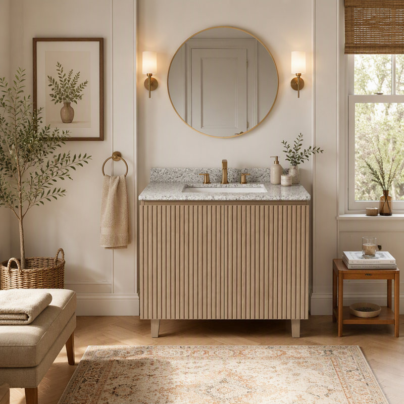 Meuble-lavabo avec comptoir en granit, lavabo en céramique et finition imitation bois Heidelberg pour une salle de bain élégante et fonctionnelle.