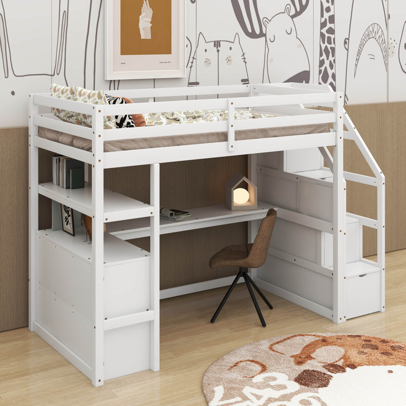 Lit mezzanine simple avec bureau et tablettes, Blanc