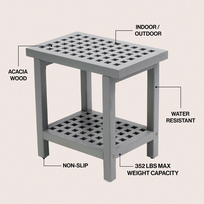 Armin 18" Modern Gray Acacia Wood Shower Stool with Storage Shelf, Heavy Duty Slatted Bath Spa Bench for Bathroom, Shower & Entryway
