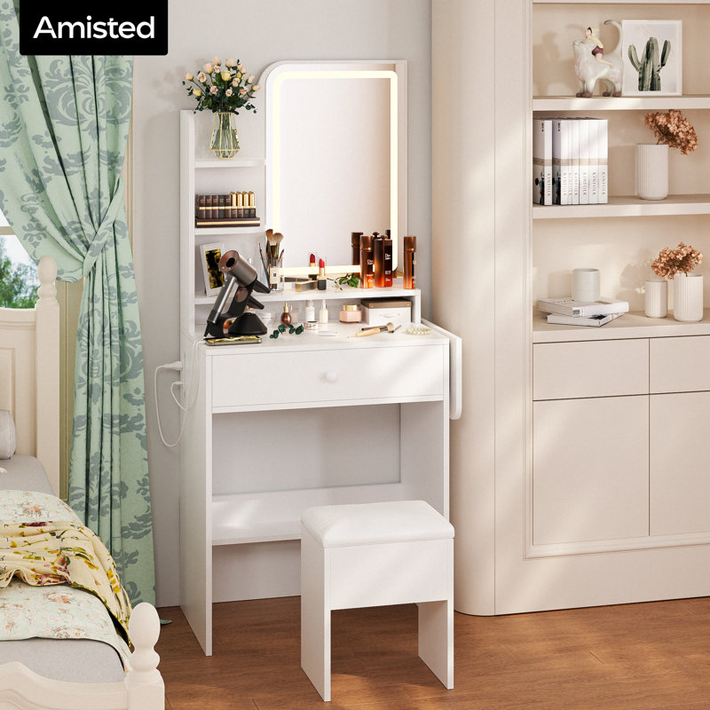 Coiffeuse de maquillage avec tabouret de rangement, miroir éclairé et prise de courant, Blanc