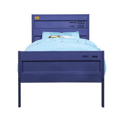 Lit simple à panneau Cargo Blue, structure en métal avec panneaux encastrés uniques et style de contenant, 21 lattes, sans sommier requis, profil bas, pieds droits, cadre en fer de 25 x 50 mm, charge de 330 lb