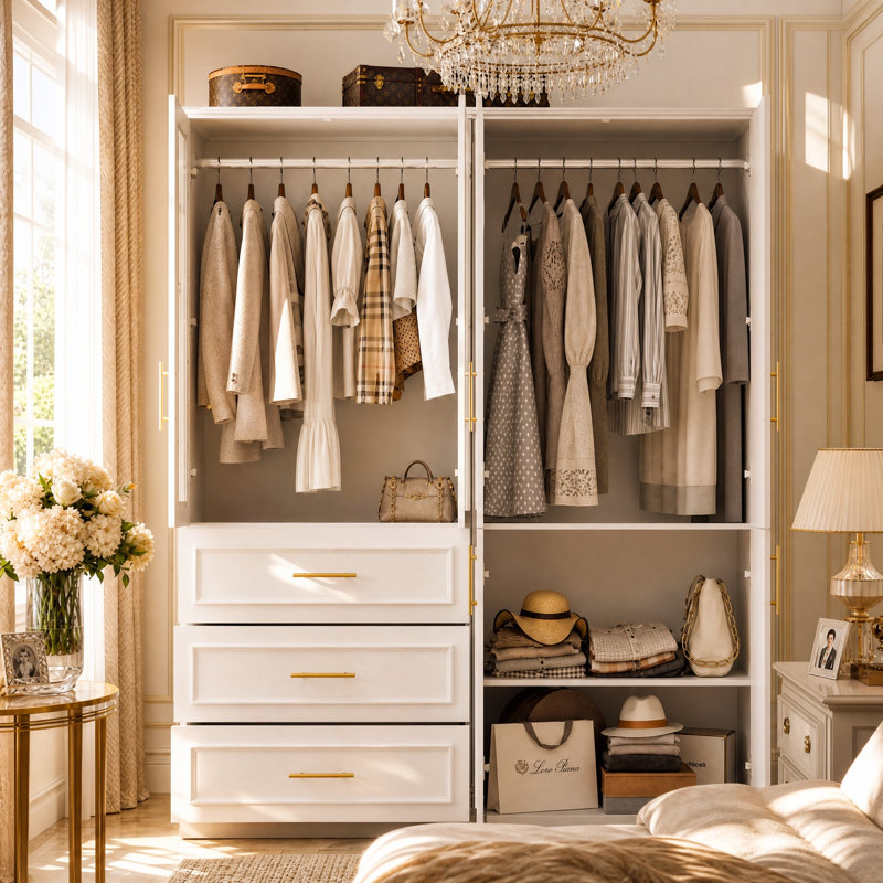 Wardrobe Armoire with Glass Display Door, Modular Bedroom Closet Storage with 3 Drawers and Hanging Rod