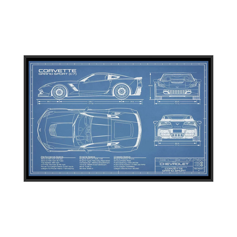 Grande sport Blueprint (C7) Corvette-impression de dessin, Pas de tapis, H 26 po x l 40 po x 1,5 po, Toile avec cadre noir
