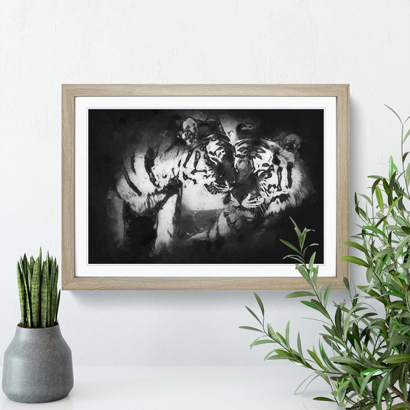 Two Snuggling Tigers in Abstract - Picture Frame Painting Print, Oak Framed, 36cm H x 48cm W x 2cm D