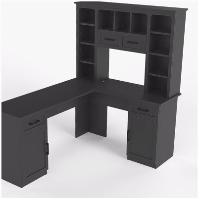 Bureau d'ordinateur en L avec 2 armoires et 2 tiroirs sous la table, 11 tablettes ouvertes et une tablette rabattable avec rangement sur le côté droit, convenant pour le bureau, le salon et le bureau, noir