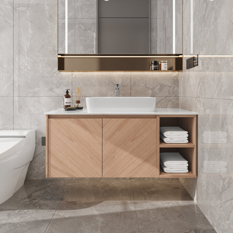 Meuble-lavabo flottant 36 po, meuble-lavabo mural en chêne doux avec lavabo vasque en céramique blanche, tablettes latérales ouvertes et rangement dissimulé, meuble de salle de bain suspendu moderne