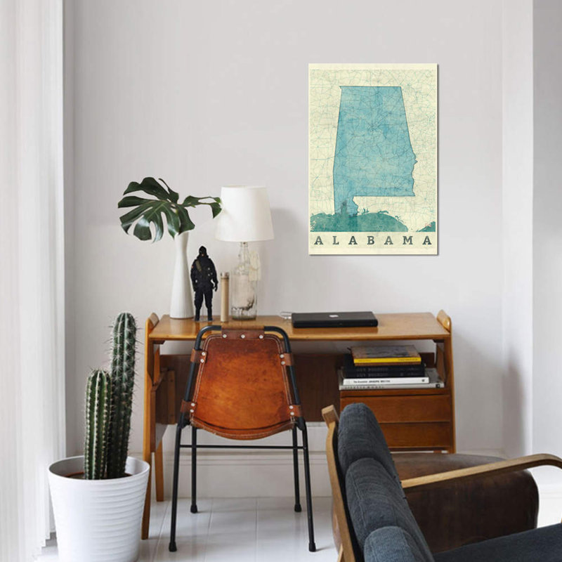 «Alabama Map», impression sur toile, H 60 po x l 40po x P 1,5 po, Toile tendue, Pas de tapis