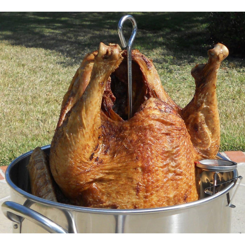 King Kooker 30 Qt. Stainless Steel Turkey Frying Pot with Lid, Lifting Rack, Lifting Hook, and 12" Thermometer, 30 Quart
