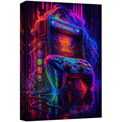 Neon Gaming Controller and Keyboard Artwork, Modern Game Room Pictures, Framed Canvas Giclee Print 3 Pieces Wall Art