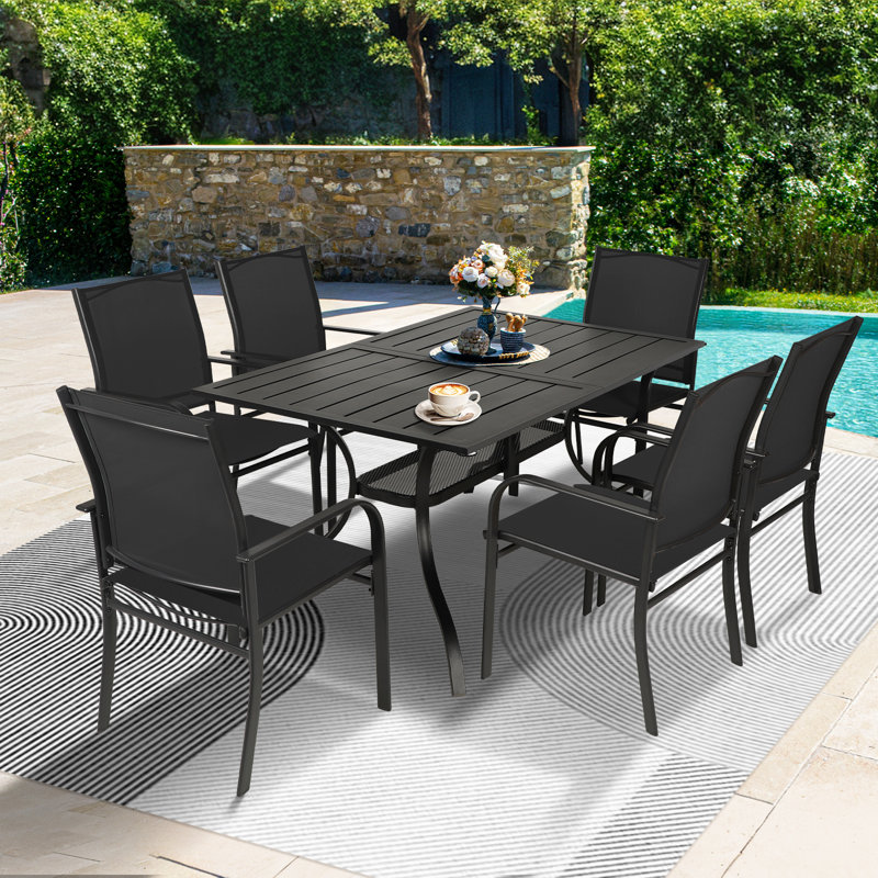Ensemble repas pour 6 personnes avec table de salle à manger rectangulaire en métal et accoudoirs empilables en textilène (noir)