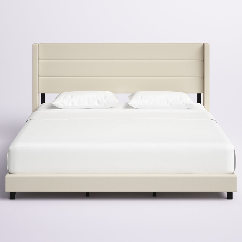 Lit plateforme tapissier avec tête de lit à oreilles et sommier à lattes, Très grand, Beige